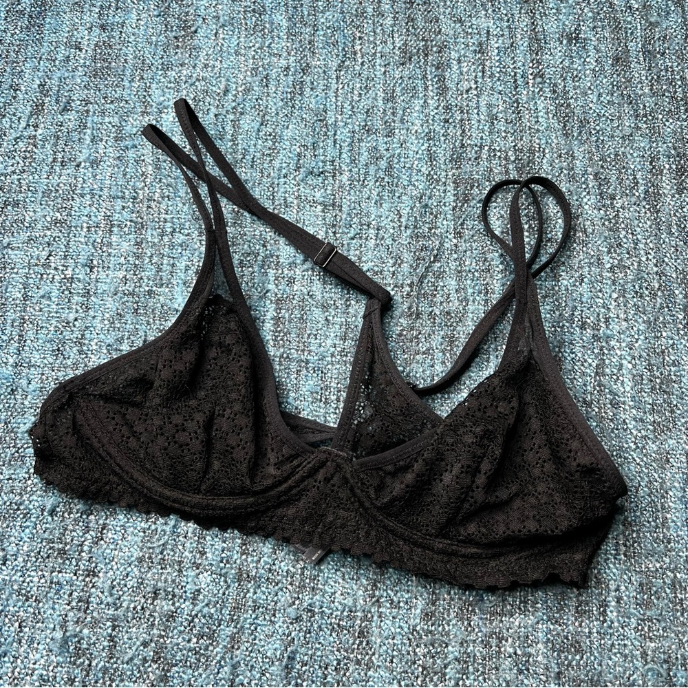 Aerie Unlined Triangle Black Lace Bra Women's Size 34C Double Strap Adjustable